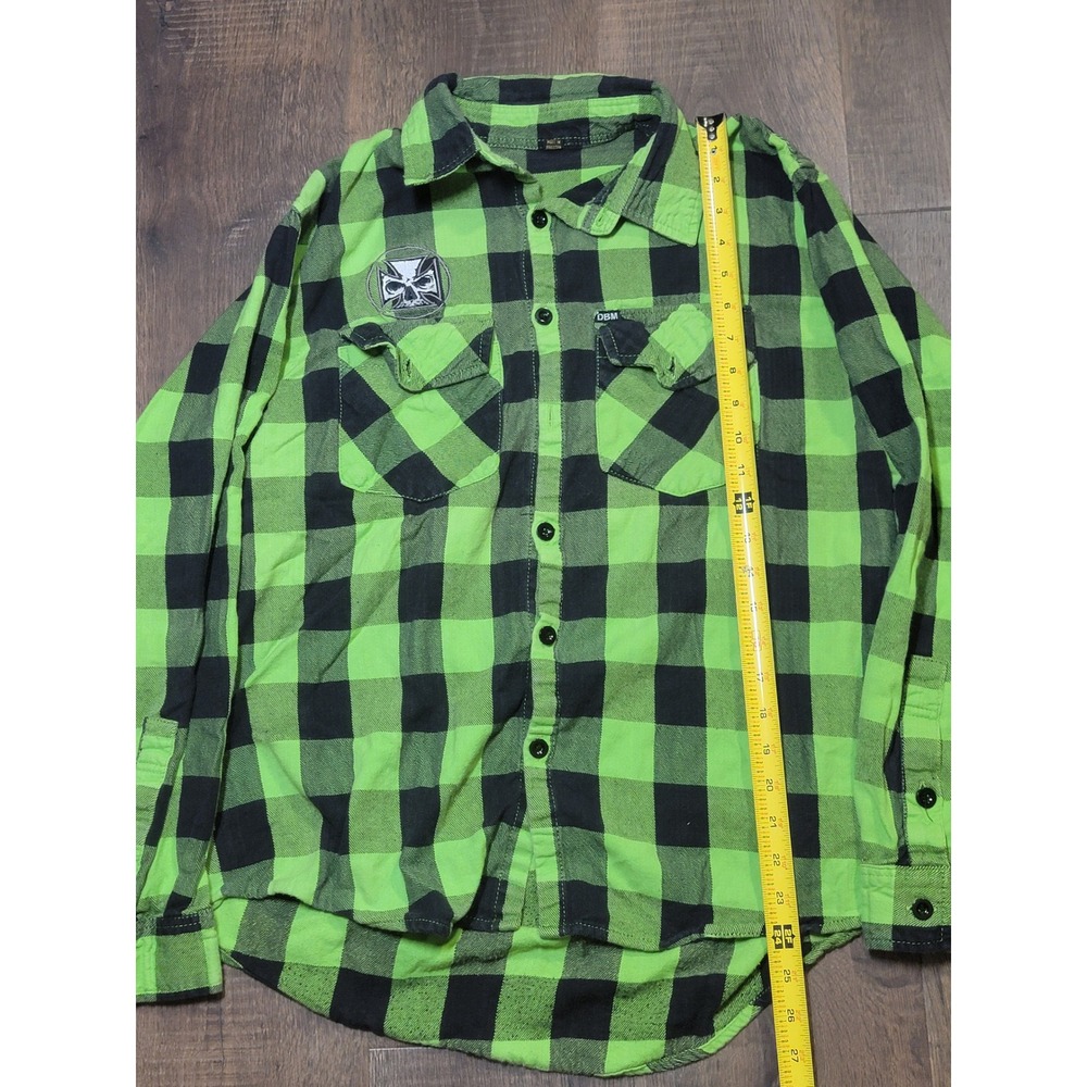 Demons Behind Me Flannel Shirt Mens L Green‎ Black Plaid Skull Embroidered